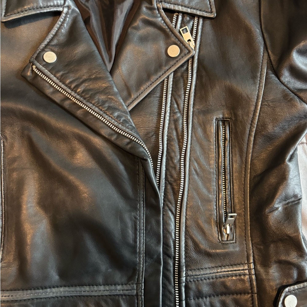 Barneys Original Women's Cropped Black Leather Biker Jacket - Picture 5 of 16